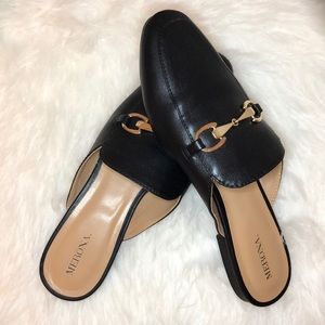 Merona black and gold slides